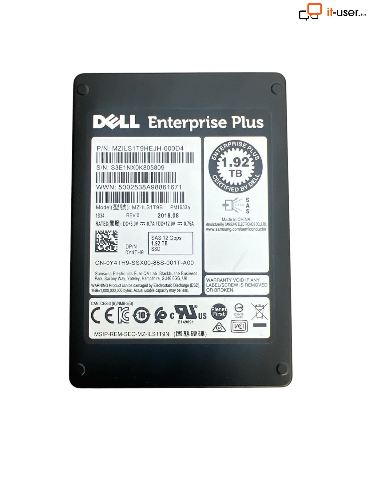 Samsung PM1633a 1.92TB SAS 12Gb/s 2.5" Enterprise SSD MZILS1T9HEJH – 98% Health